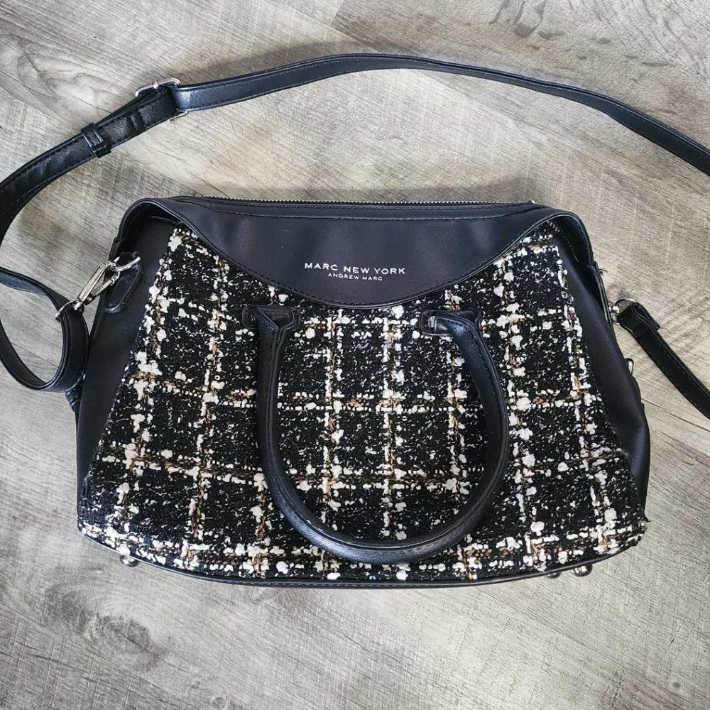 Marc New York Black Tweed Crossbody Satchel with Cream Accents